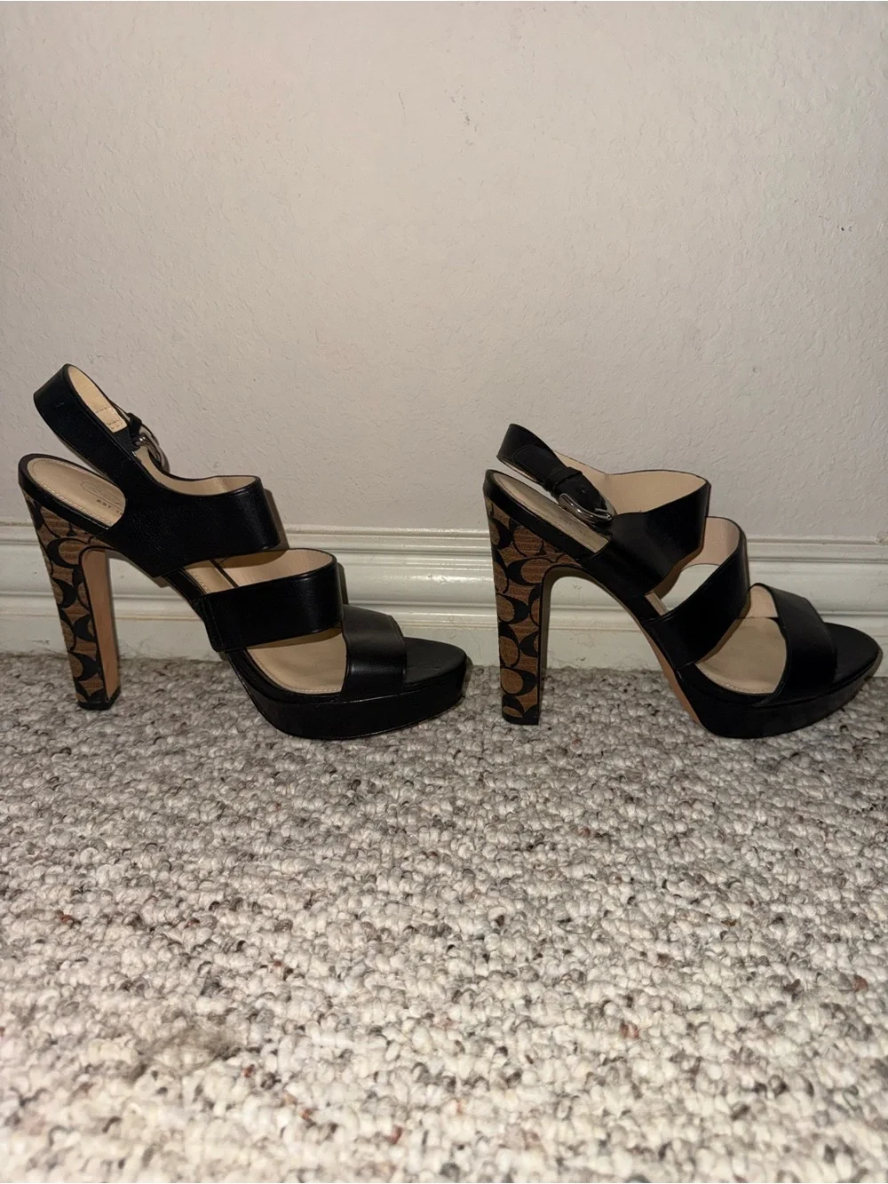 Coach Black Leather Strappy Heels with Signature Logo Block Heels